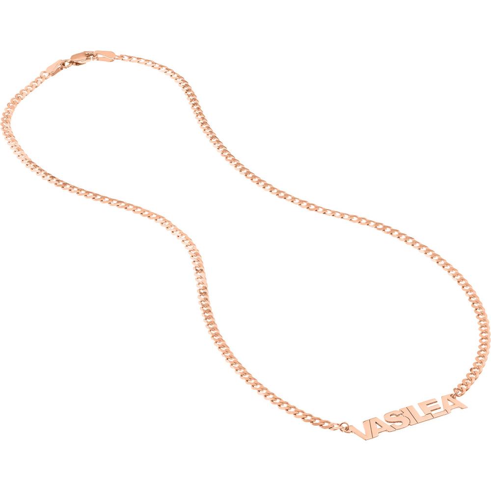 Olas d'Oro - 14K Rose Gold Block Nameplate Curb Chain Necklace - 5mm Block Font with Lobster Clasp - 6.90 Grams