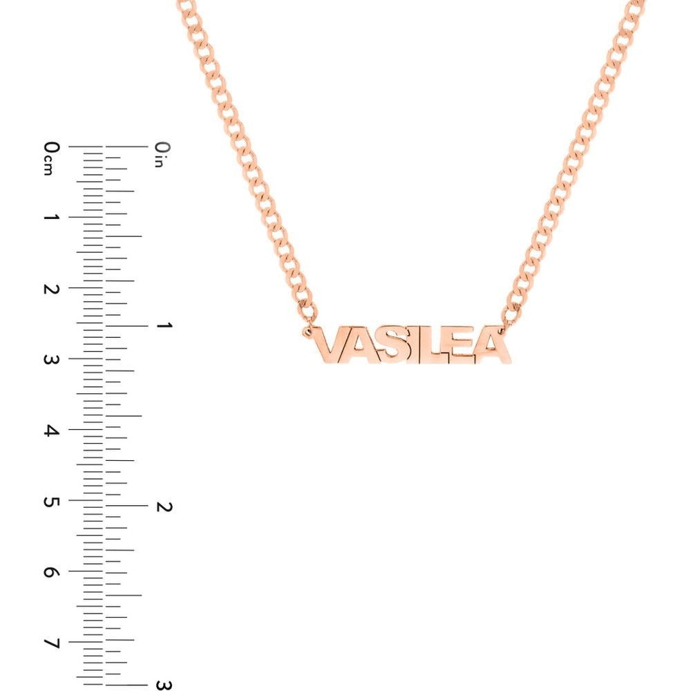 Olas d'Oro - 14K Rose Gold Block Nameplate Curb Chain Necklace - 5mm Block Font with Lobster Clasp - 6.90 Grams