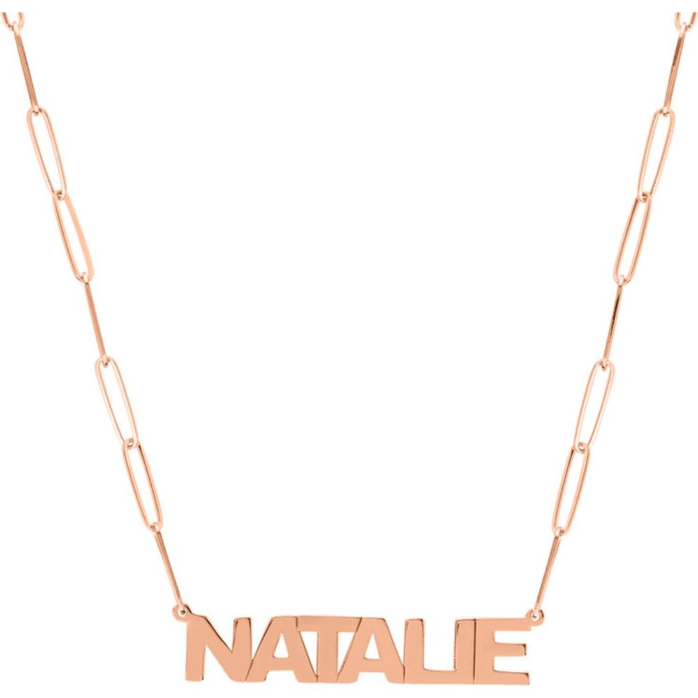 Olas d'Oro - 14K Rose Gold Block Nameplate Paper Clip Necklace - 6mm Nameplate on 2.6mm Chain