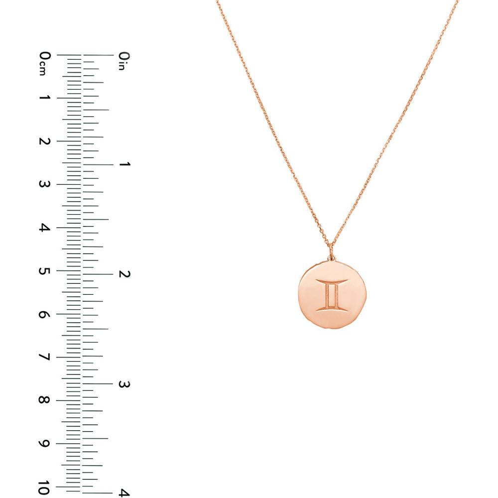 Olas d'Oro - 14K Rose Gold Gemini Organic Disc Pendant Necklace with Engraved Zodiac Symbol - 3.10g