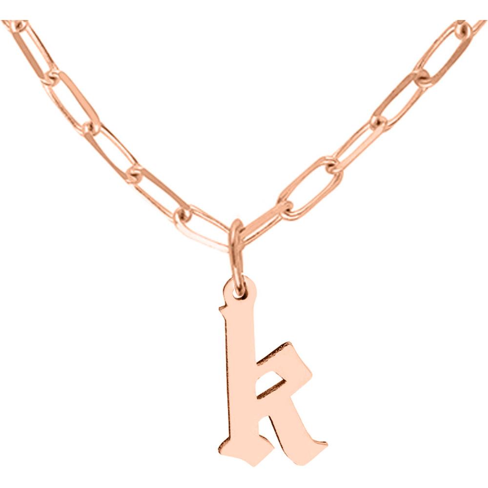 Olas d'Oro - 14K Rose Gold Gothic Initial Paper Clip Necklace - Adjustable 16-18 Inches