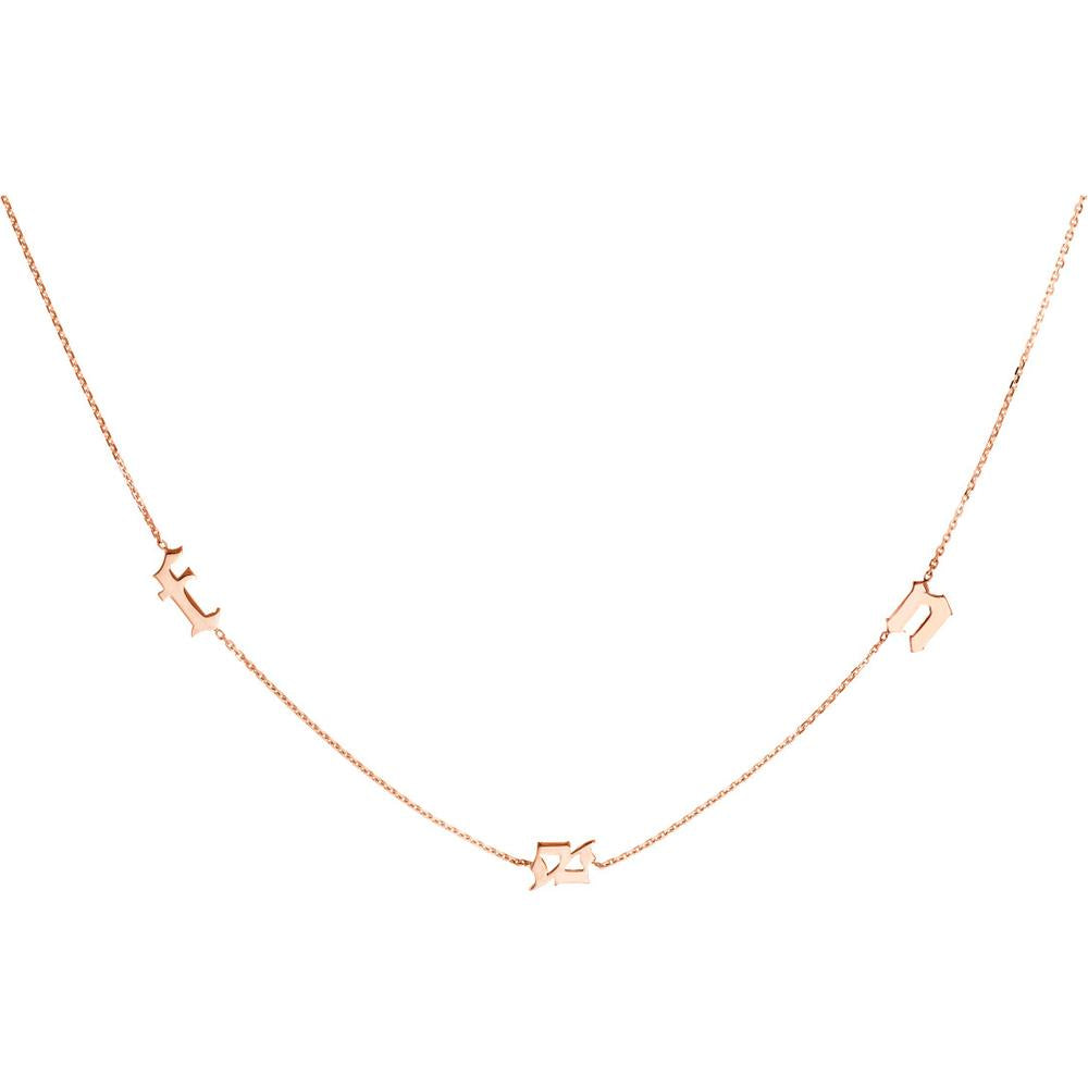 Olas d'Oro - 14K Rose Gold Gothic Initial Station Necklace - Adjustable 2-Inch Chain