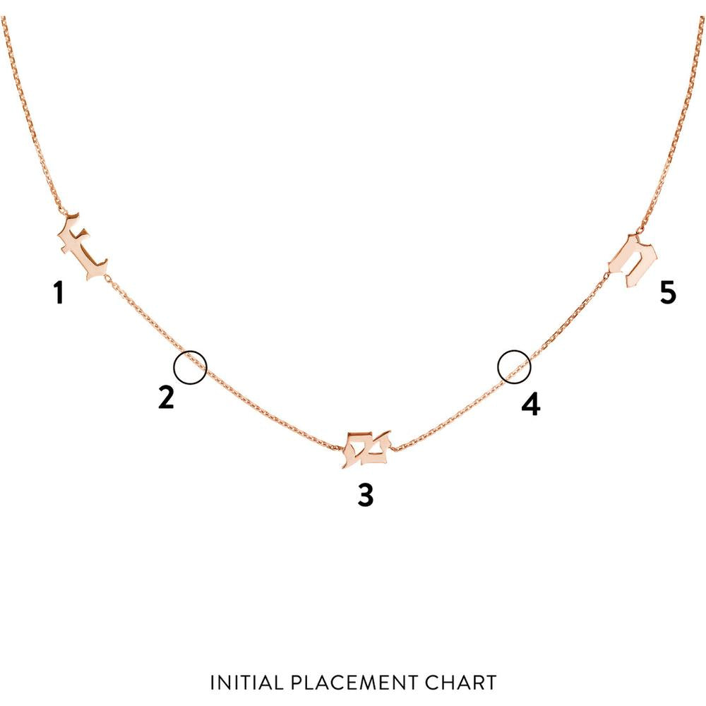 Olas d'Oro - 14K Rose Gold Gothic Initial Station Necklace - Adjustable 2-Inch Chain