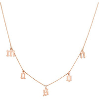 Olas d'Oro - 14K Rose Gold Gothic Initials Dangle Station Necklace  Customizable Design with Lobster Clasp and 2.40g Weight