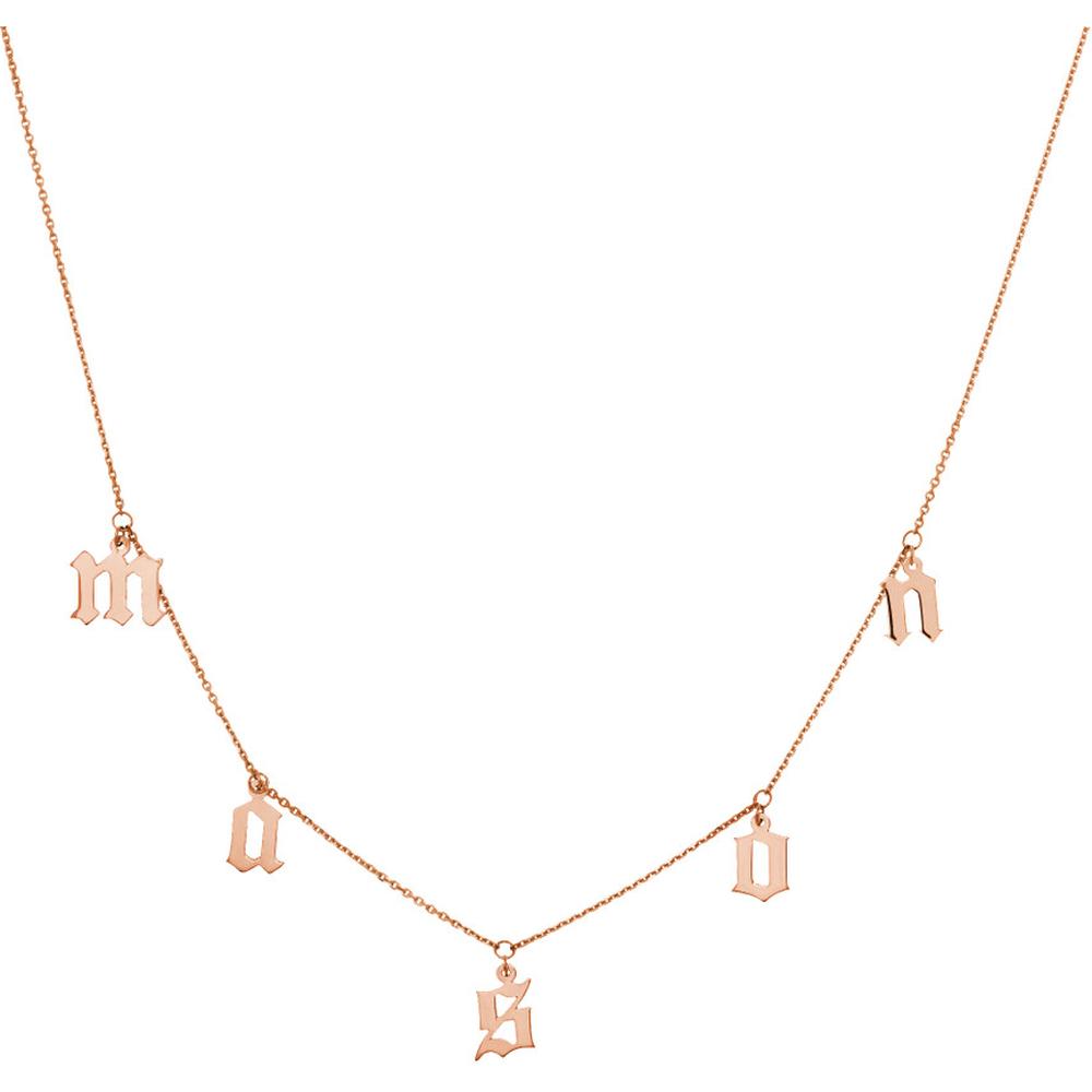Olas d'Oro - 14K Rose Gold Gothic Initials Dangle Station Necklace  Customizable Design with Lobster Clasp and 2.40g Weight
