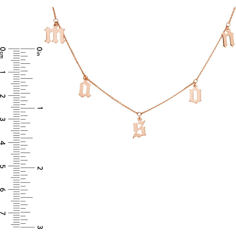 Olas d'Oro - 14K Rose Gold Gothic Initials Dangle Station Necklace  Customizable Design with Lobster Clasp and 2.40g Weight