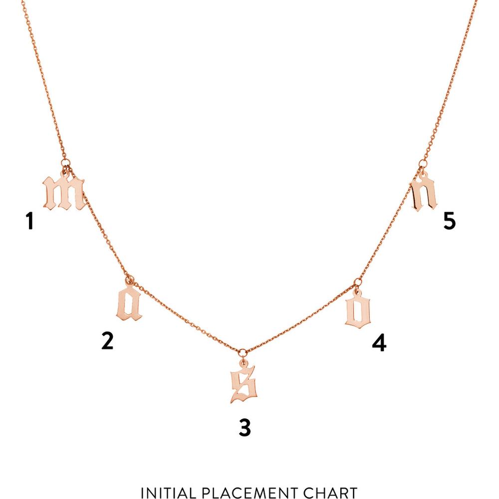 Olas d'Oro - 14K Rose Gold Gothic Initials Dangle Station Necklace  Customizable Design with Lobster Clasp and 2.40g Weight