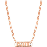 Olas d'Oro - 14K Rose Gold Gothic Nameplate Necklace with Bezel-Set Diamond - 0.02 Carat Total Diamond Weight