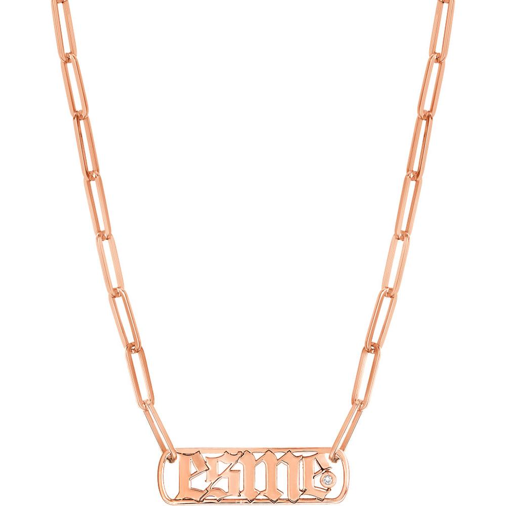Olas d'Oro - 14K Rose Gold Gothic Nameplate Necklace with Bezel-Set Diamond - 0.02 Carat Total Diamond Weight