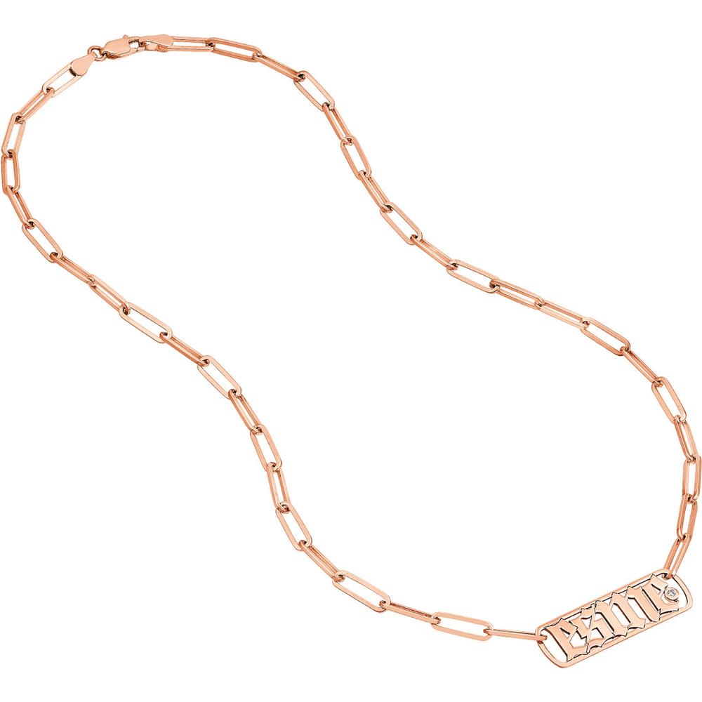 Olas d'Oro - 14K Rose Gold Gothic Nameplate Necklace with Bezel-Set Diamond - 0.02 Carat Total Diamond Weight