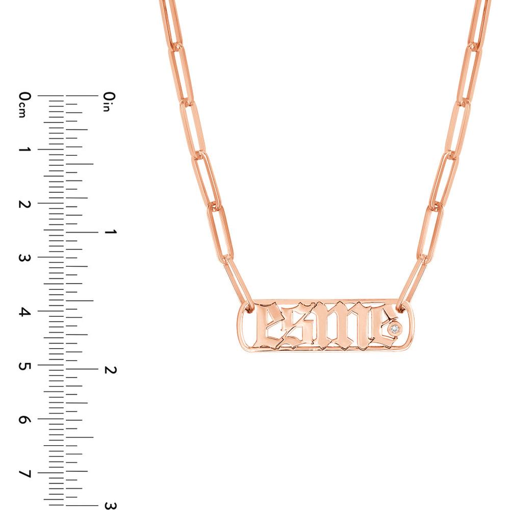 Olas d'Oro - 14K Rose Gold Gothic Nameplate Necklace with Bezel-Set Diamond - 0.02 Carat Total Diamond Weight