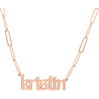 Olas d'Oro - 14K Rose Gold Gothic Nameplate Paper Clip Necklace - Personalized Design with Pear Shaped Lobster Lock