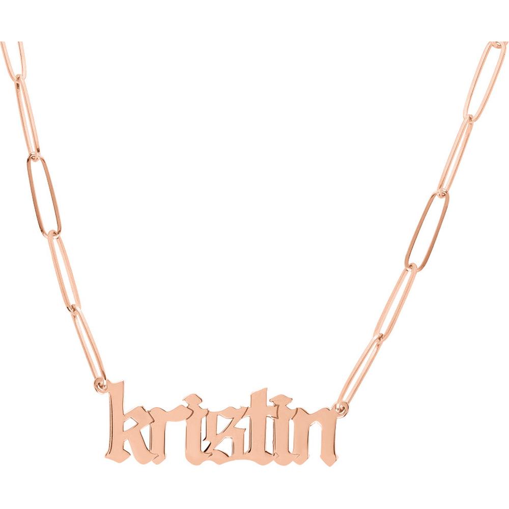 Olas d'Oro - 14K Rose Gold Gothic Nameplate Paper Clip Necklace - Personalized Design with Pear Shaped Lobster Lock