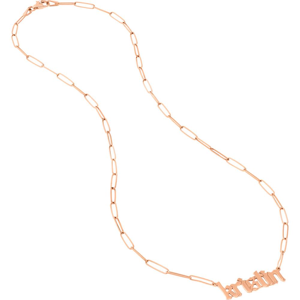 Olas d'Oro - 14K Rose Gold Gothic Nameplate Paper Clip Necklace - Personalized Design with Pear Shaped Lobster Lock