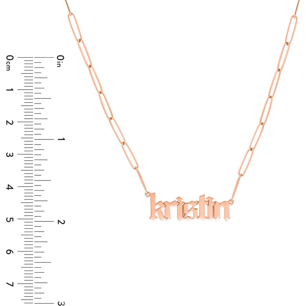 Olas d'Oro - 14K Rose Gold Gothic Nameplate Paper Clip Necklace - Personalized Design with Pear Shaped Lobster Lock