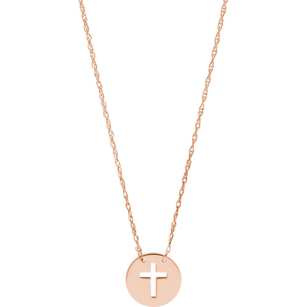 Olas d'Oro - 14K Rose Gold Mini Disc Necklace with Cross Cutout - 1.09 Grams Weight