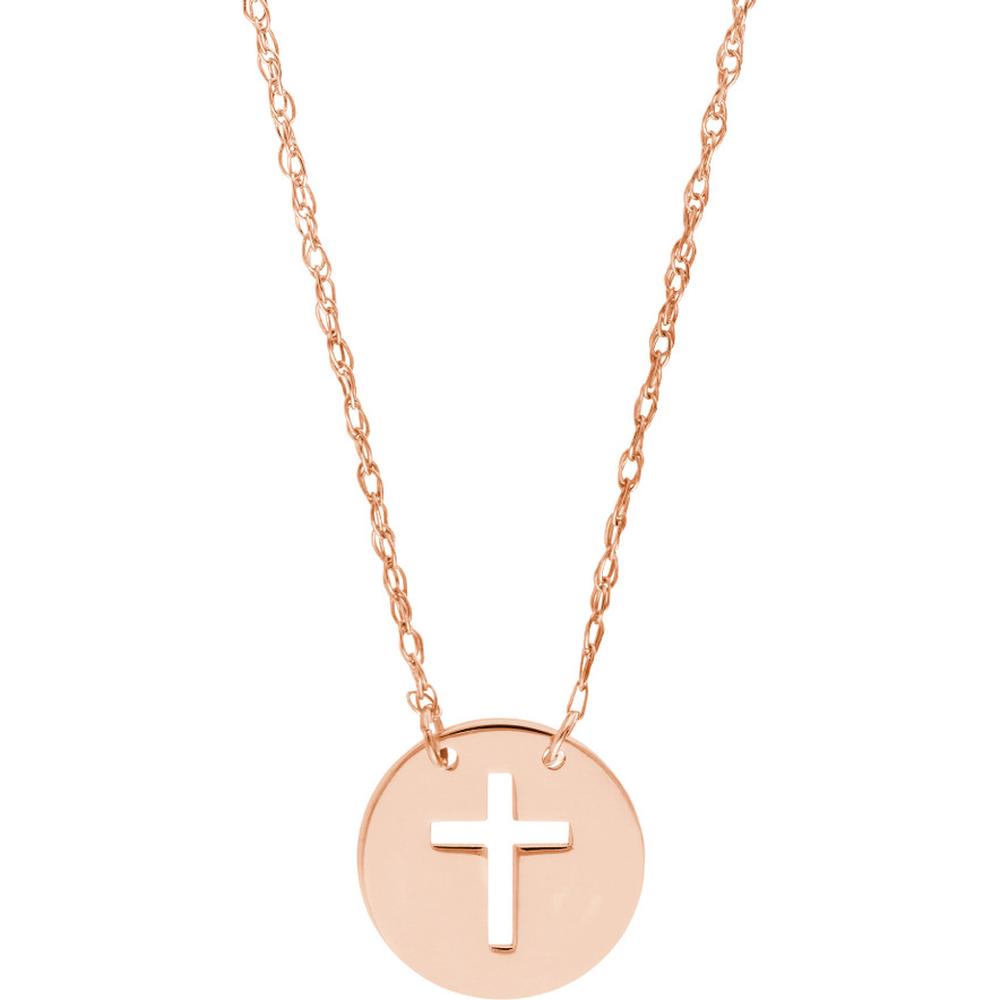 Olas d'Oro - 14K Rose Gold Mini Disc Necklace with Cross Cutout - 1.09 Grams Weight