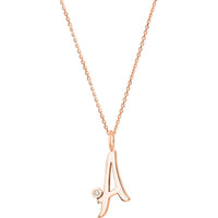 Olas d'Oro - 14K Rose Gold Script "A" Initial Necklace with 1.7mm Diamond Bezel - 0.02 Carat Total Diamond Weight
