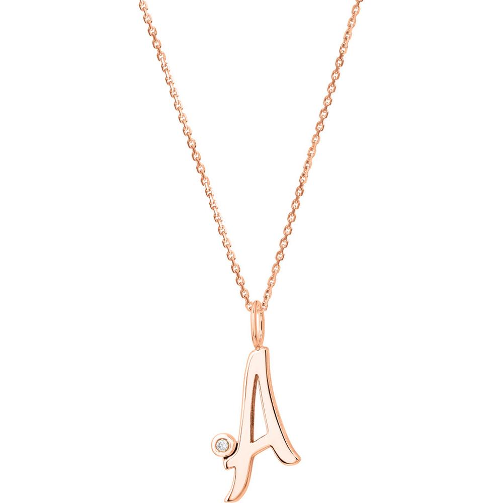 Olas d'Oro - 14K Rose Gold Script "A" Initial Necklace with 1.7mm Diamond Bezel - 0.02 Carat Total Diamond Weight