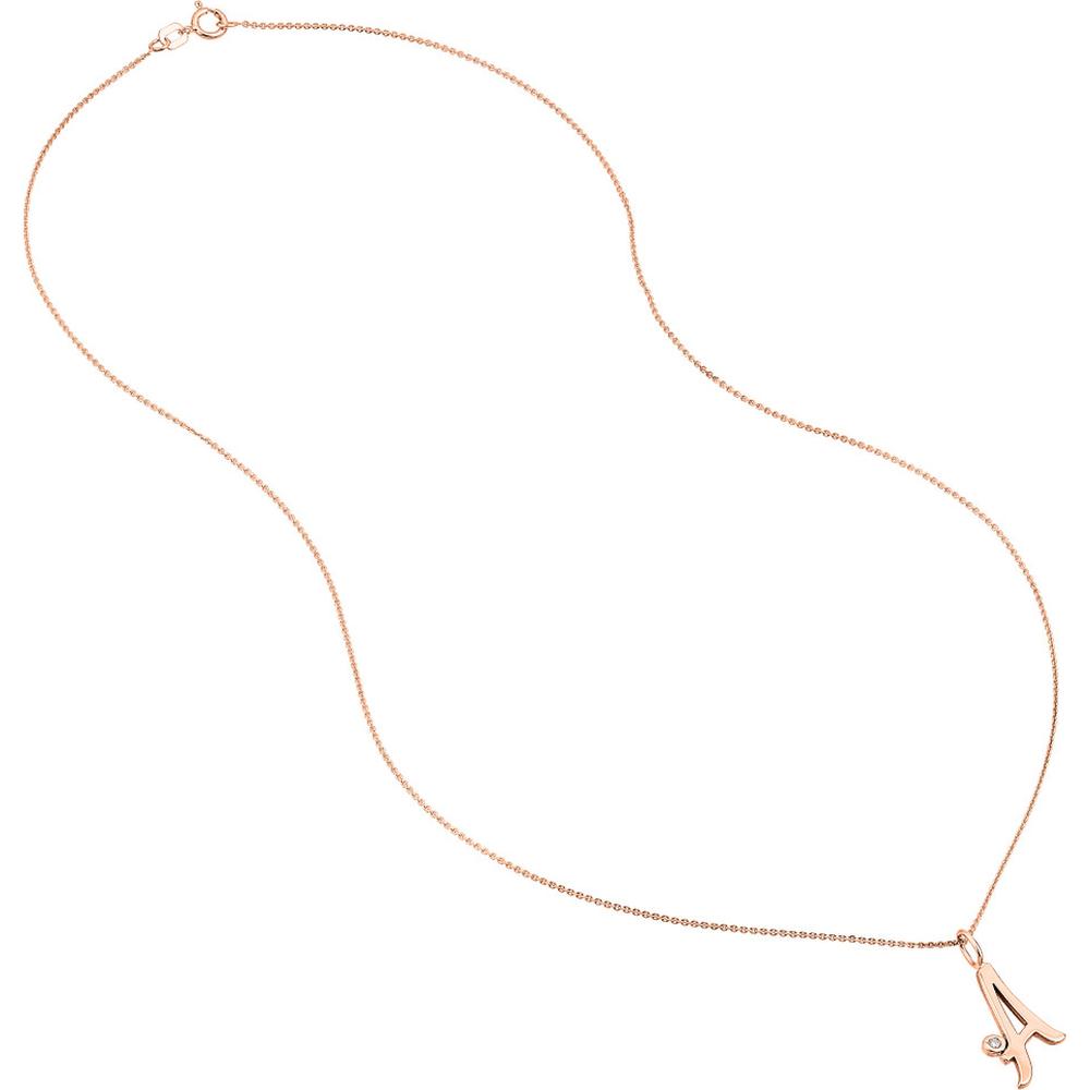 Olas d'Oro - 14K Rose Gold Script "A" Initial Necklace with 1.7mm Diamond Bezel - 0.02 Carat Total Diamond Weight