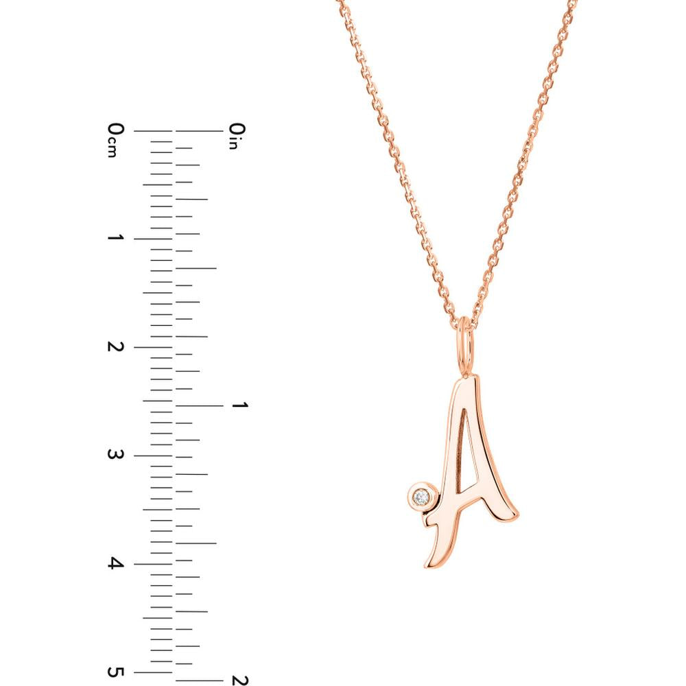 Olas d'Oro - 14K Rose Gold Script "A" Initial Necklace with 1.7mm Diamond Bezel - 0.02 Carat Total Diamond Weight