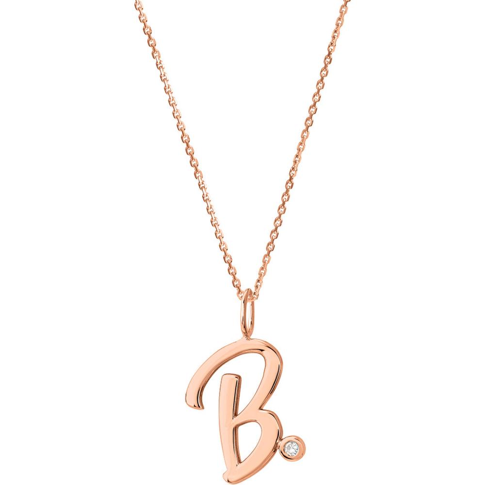 Olas d'Oro - 14K Rose Gold Script "B" Initial Pendant Necklace with Diamond Bezel - 0.02 Carat Total Diamond Weight