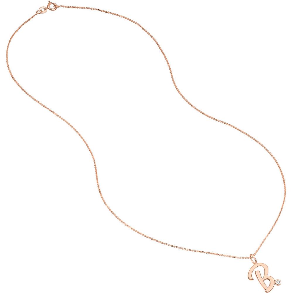 Olas d'Oro - 14K Rose Gold Script "B" Initial Pendant Necklace with Diamond Bezel - 0.02 Carat Total Diamond Weight