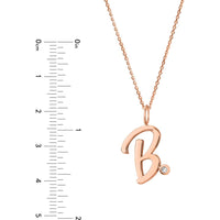 Olas d'Oro - 14K Rose Gold Script "B" Initial Pendant Necklace with Diamond Bezel - 0.02 Carat Total Diamond Weight