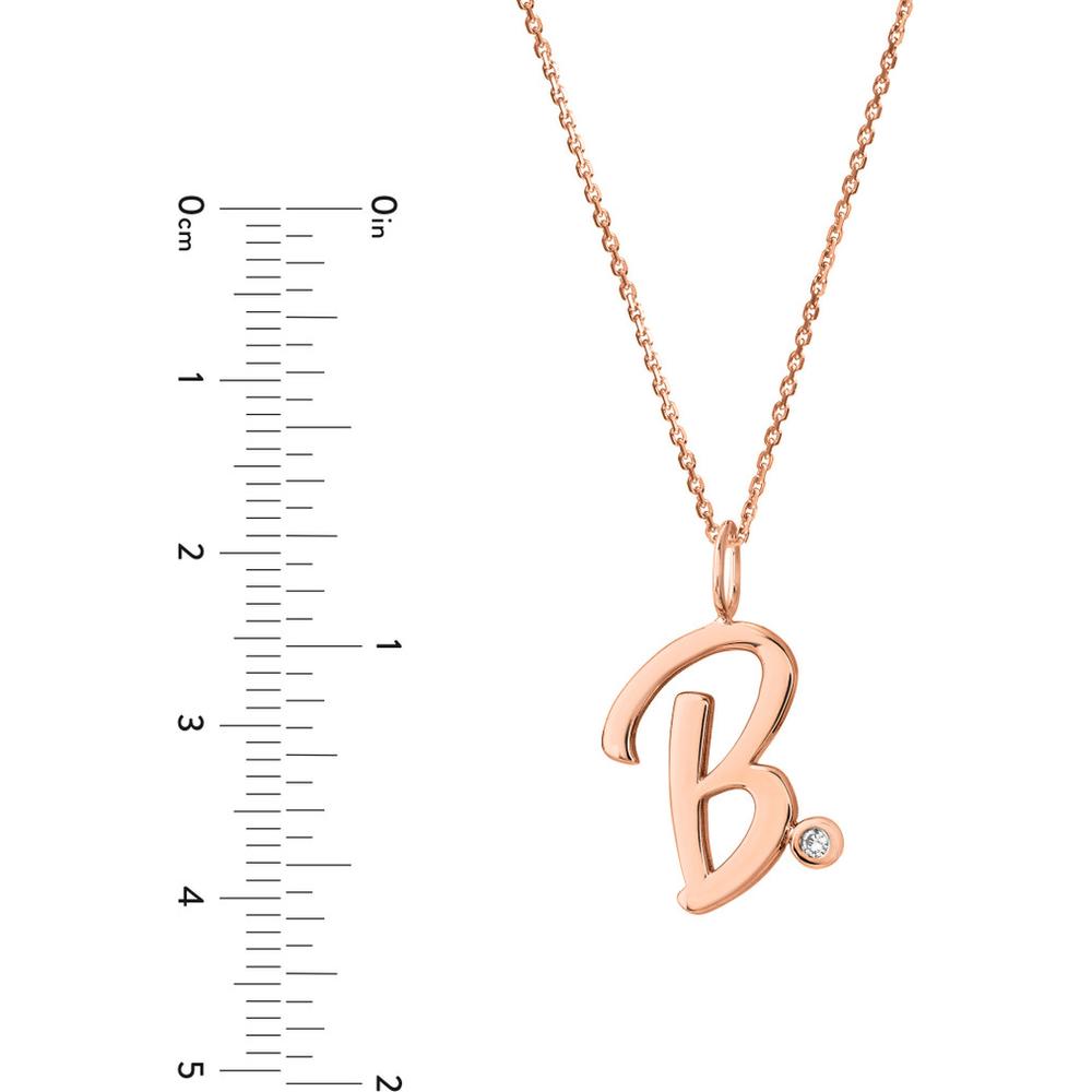 Olas d'Oro - 14K Rose Gold Script "B" Initial Pendant Necklace with Diamond Bezel - 0.02 Carat Total Diamond Weight