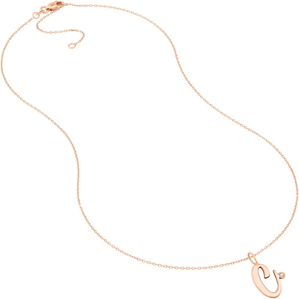 Olas d'Oro - 14K Rose Gold Script "C" Initial Necklace with 0.02 Carat Diamond Bezel