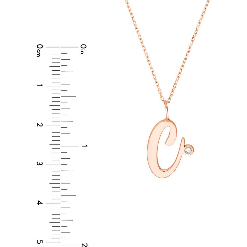 Olas d'Oro - 14K Rose Gold Script "C" Initial Necklace with 0.02 Carat Diamond Bezel