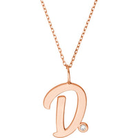 Olas d'Oro - 14K Rose Gold Script D Initial Necklace with Diamond Bezel - 0.02 Carat Total Diamond Weight