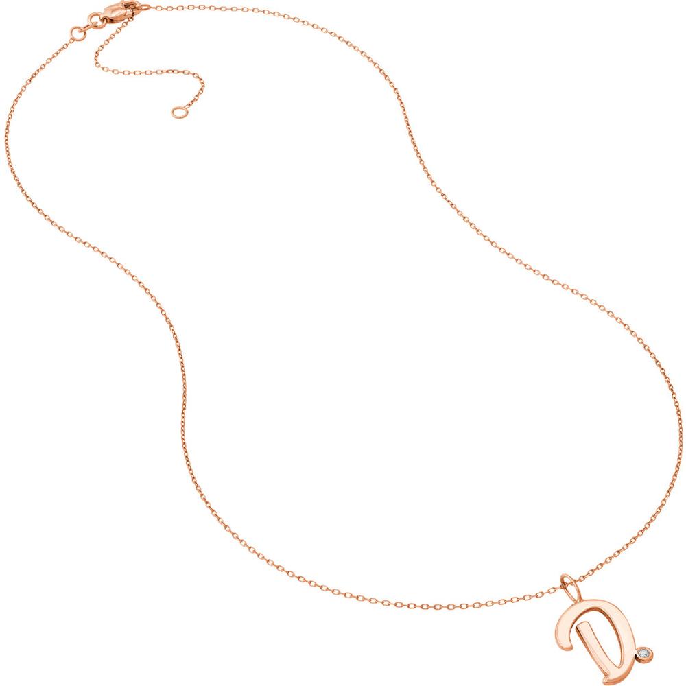 Olas d'Oro - 14K Rose Gold Script D Initial Necklace with Diamond Bezel - 0.02 Carat Total Diamond Weight