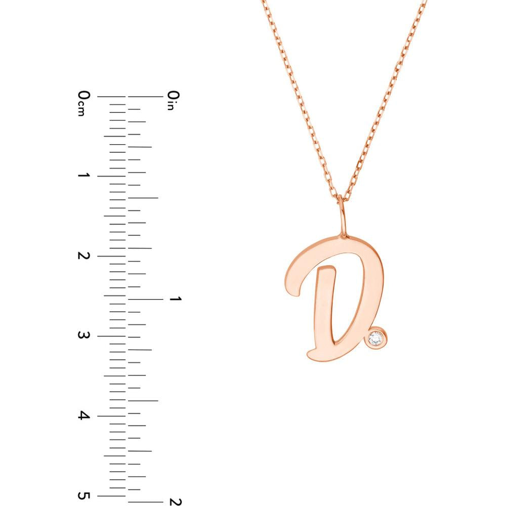 Olas d'Oro - 14K Rose Gold Script D Initial Necklace with Diamond Bezel - 0.02 Carat Total Diamond Weight