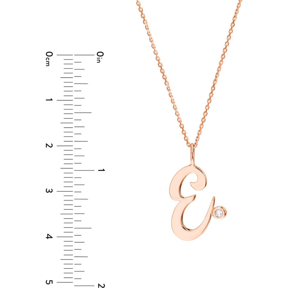 Olas d'Oro - 14K Rose Gold Script E Initial Necklace with Diamond Bezel - 0.02 Carat Total Diamond Weight