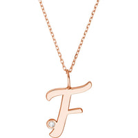 Olas d'Oro - 14K Rose Gold Script "F" Initial Necklace with Diamond Bezel - 0.02 Carat Total Diamond Weight