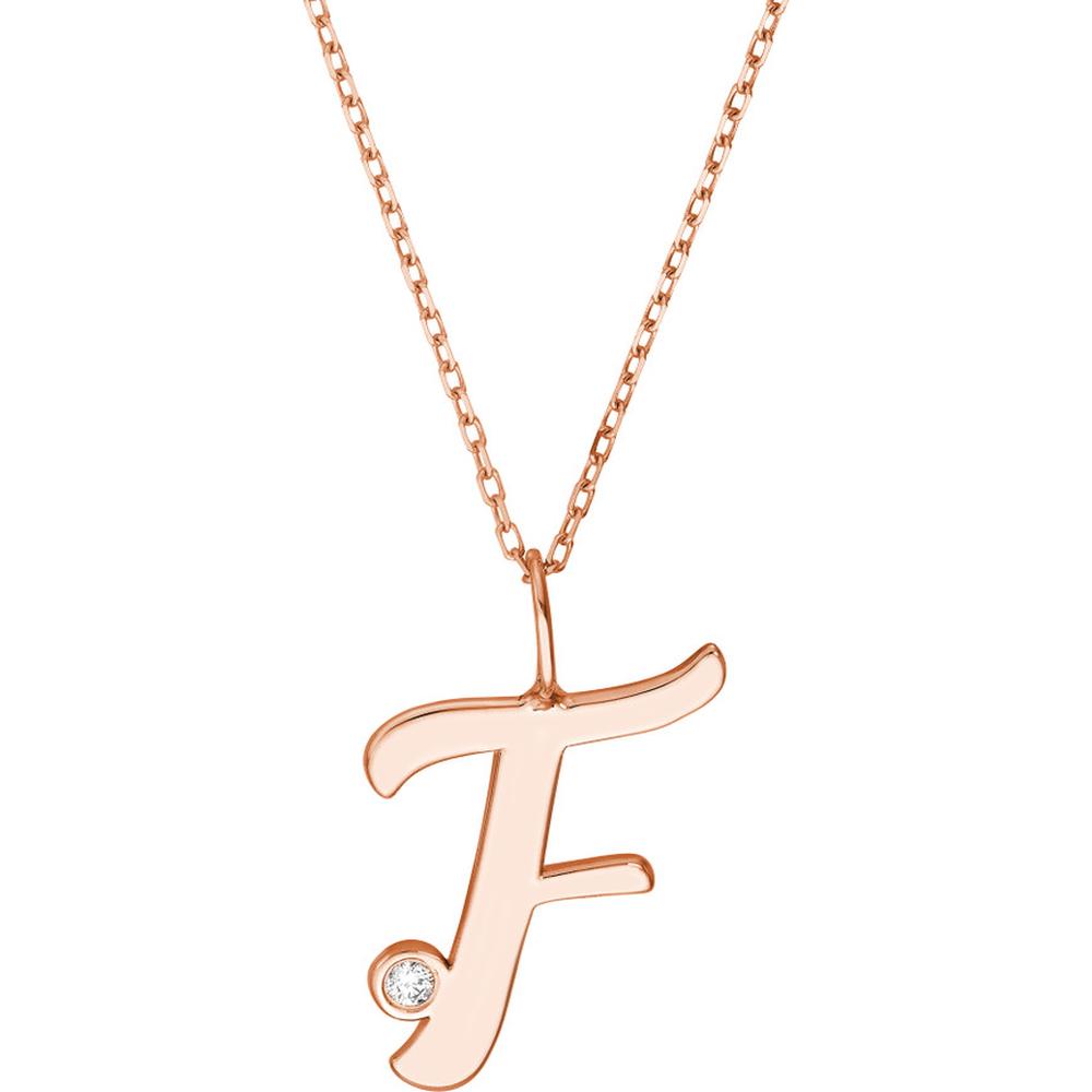 Olas d'Oro - 14K Rose Gold Script "F" Initial Necklace with Diamond Bezel - 0.02 Carat Total Diamond Weight