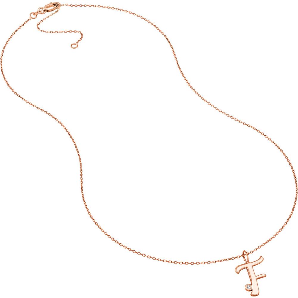 Olas d'Oro - 14K Rose Gold Script "F" Initial Necklace with Diamond Bezel - 0.02 Carat Total Diamond Weight