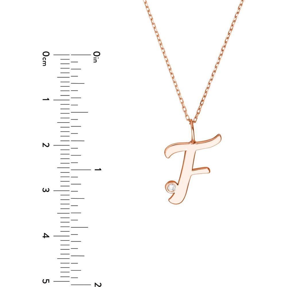 Olas d'Oro - 14K Rose Gold Script "F" Initial Necklace with Diamond Bezel - 0.02 Carat Total Diamond Weight