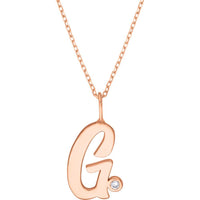 Olas d'Oro - 14K Rose Gold Script 'G' Necklace with 1.7mm Diamond Bezel - 0.02 Carat Total Diamond Weight