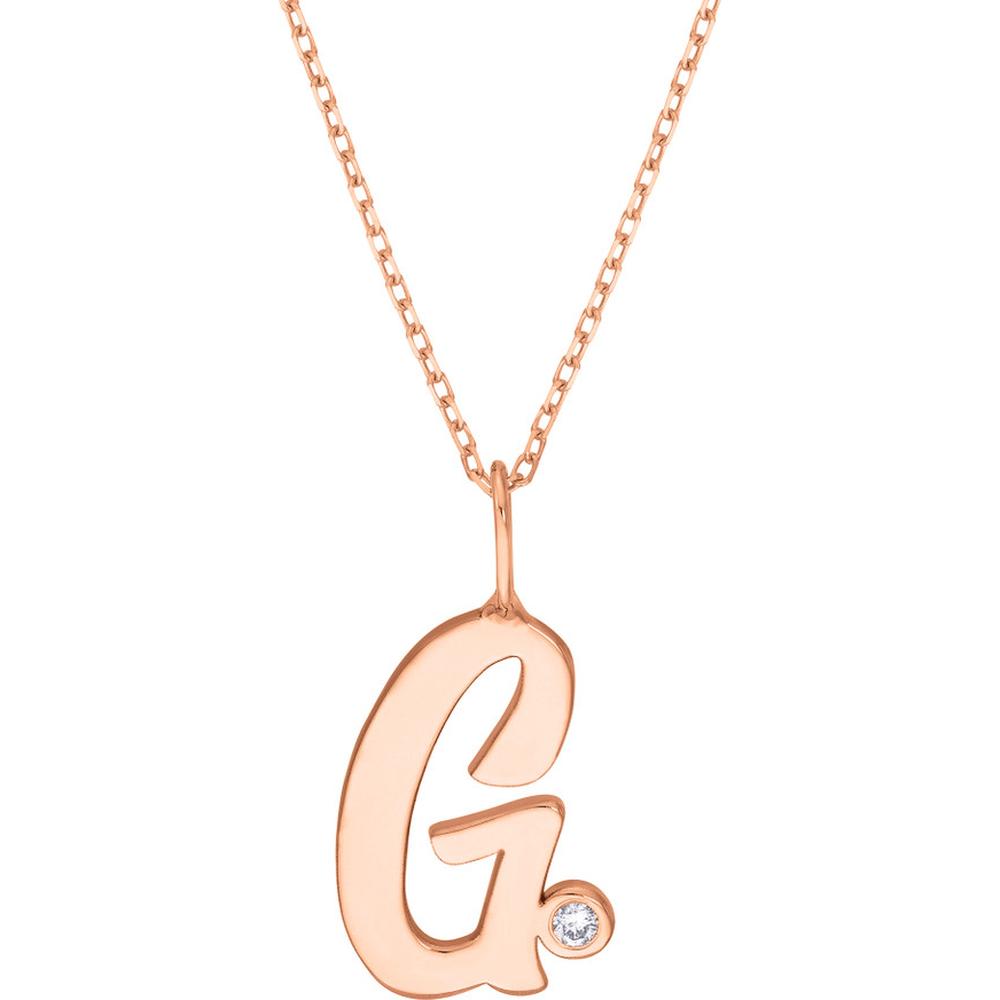 Olas d'Oro - 14K Rose Gold Script 'G' Necklace with 1.7mm Diamond Bezel - 0.02 Carat Total Diamond Weight