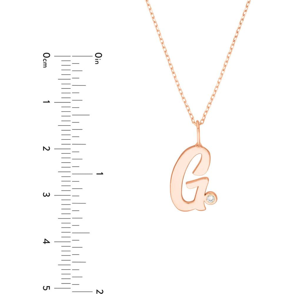 Olas d'Oro - 14K Rose Gold Script 'G' Necklace with 1.7mm Diamond Bezel - 0.02 Carat Total Diamond Weight