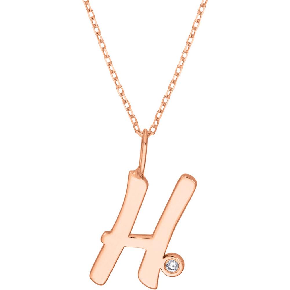 Olas d'Oro - 14K Rose Gold Script 'H' Diamond Bezel Necklace with Adjustable Chain - 0.02 Carat Total Diamond Weight