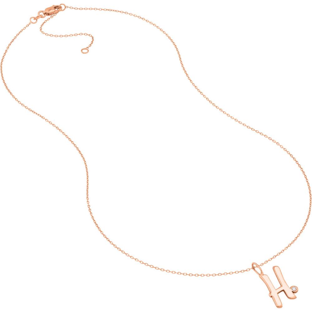 Olas d'Oro - 14K Rose Gold Script 'H' Diamond Bezel Necklace with Adjustable Chain - 0.02 Carat Total Diamond Weight