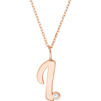 Olas d'Oro - 14K Rose Gold Script Initial 'I' Pendant Necklace with Diamond Bezel - 0.02 Carat Diamond Weight
