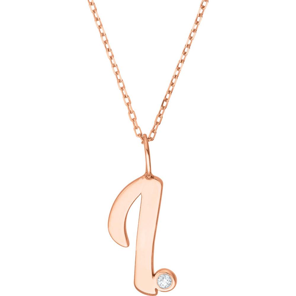 Olas d'Oro - 14K Rose Gold Script Initial 'I' Pendant Necklace with Diamond Bezel - 0.02 Carat Diamond Weight