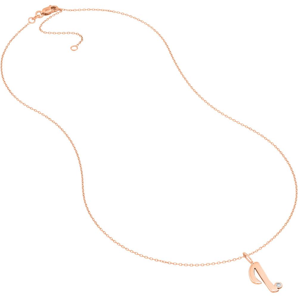 Olas d'Oro - 14K Rose Gold Script Initial 'I' Pendant Necklace with Diamond Bezel - 0.02 Carat Diamond Weight