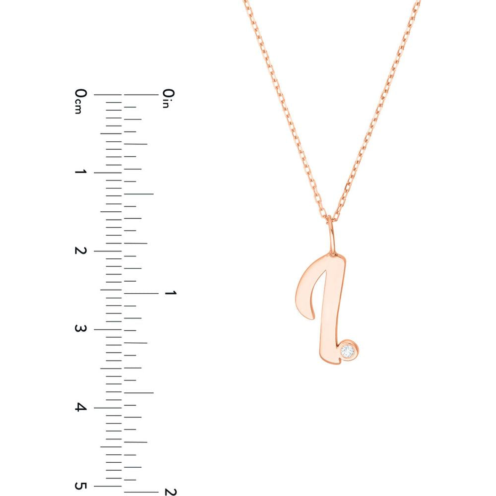 Olas d'Oro - 14K Rose Gold Script Initial 'I' Pendant Necklace with Diamond Bezel - 0.02 Carat Diamond Weight