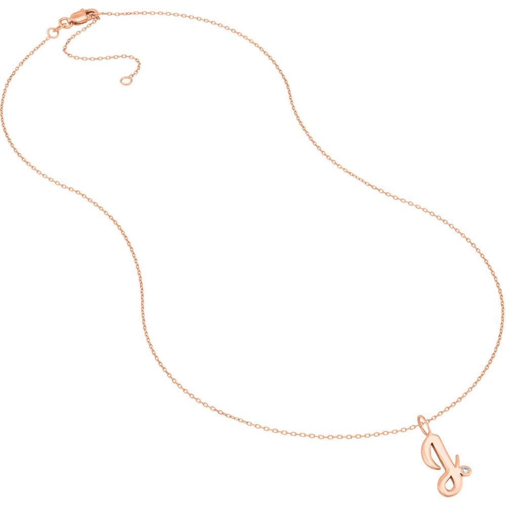 Olas d'Oro - 14K Rose Gold Script 'J' Initial Necklace with Diamond Bezel - 0.02 Carat Diamond Weight