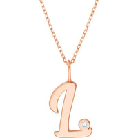 Olas d'Oro - 14K Rose Gold Script 'L' Necklace with Diamond Bezel Pendant - 0.02 Carat Diamond Weight